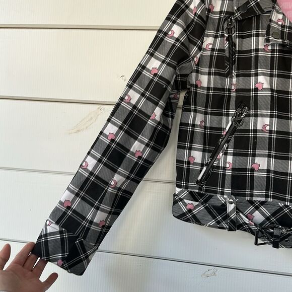BlackMilk Tartan Heart Moto Jack Women's Size 12 Black Pink Plaid Biker NEW - Picture 6 of 16